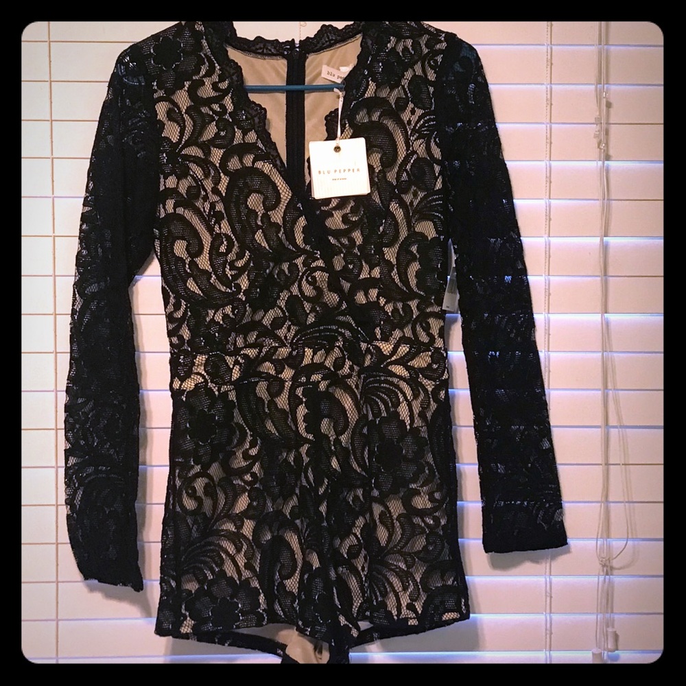 NWT Sexy Black Lace Romper w/Nude Underlay